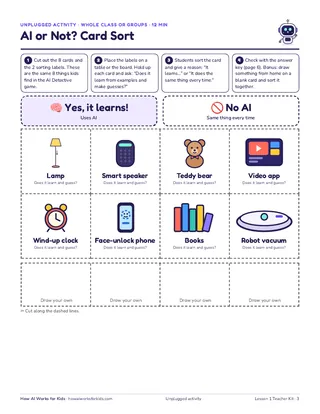 The AI or Not? card sort: eight cut-out cards like lamp, smart speaker, and robot vacuum, plus two sorting labels.