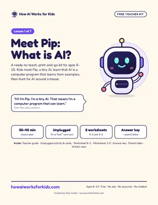 Cover of the Lesson 1 teacher kit: Meet Pip: What is AI? A print-and-go kit for ages 6 to 10.