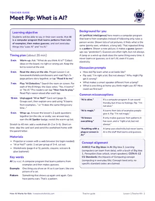 Teacher guide page with a timing plan, materials, key words, discussion prompts, and common misconceptions.