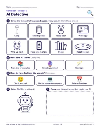 The K to 2 AI Detective worksheet: circle the things that learn and guess.